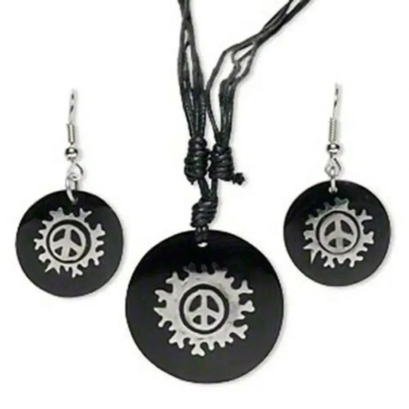 Black Resin & Stainless Steel Mod Retro Peace Sign Necklace Earrings Jewelry Set - Picture 1 of 1